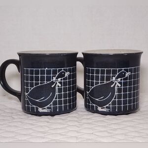80s Navy Blue White STONEWARE MUGS Geese Ribbon Checker Background Otagiri-Style